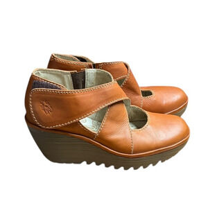 Fly London Yogo Brown Leather Wedge Criss Cross Strap Round Toe EU 36 US 5.5